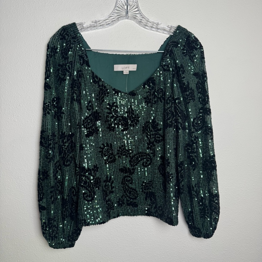 LOFT Emerald Sequin Blouse with Black velvet Floral Design New Dressy Holiday‎
